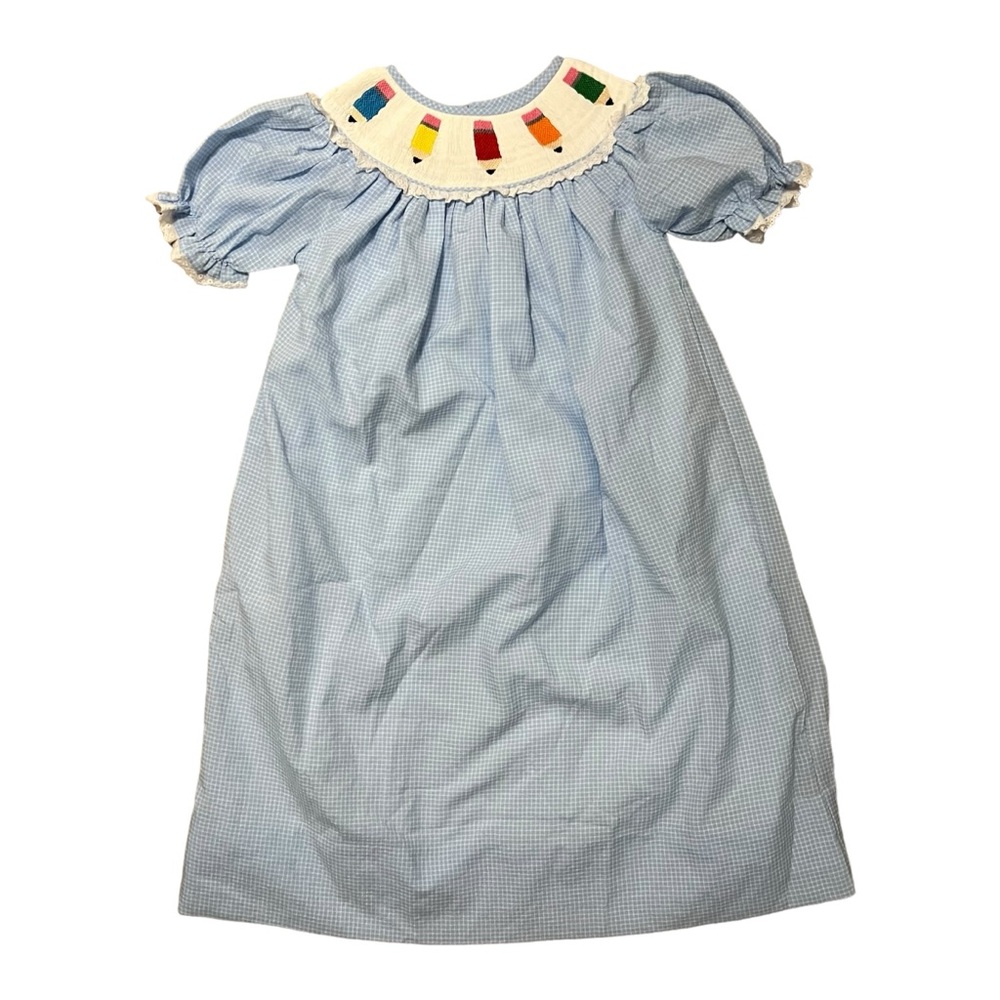 Little Bear Smocks John 3:16 Girls Size 6 Pencils Blue Checkered Dress